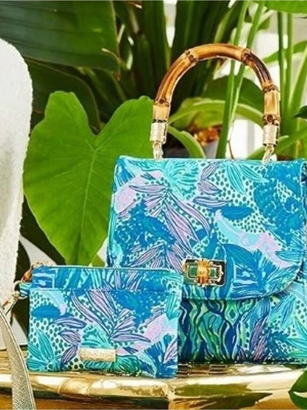 Lilly Pulitzer Bamboo Top Handle Bag with Matching pouch in Botanical Green